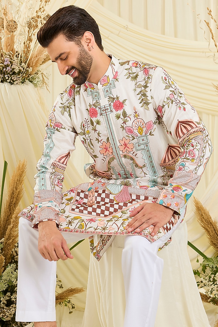 Ivory Silk Floral Kurta by Kasbah Clothing at Pernia's Pop Up Shop