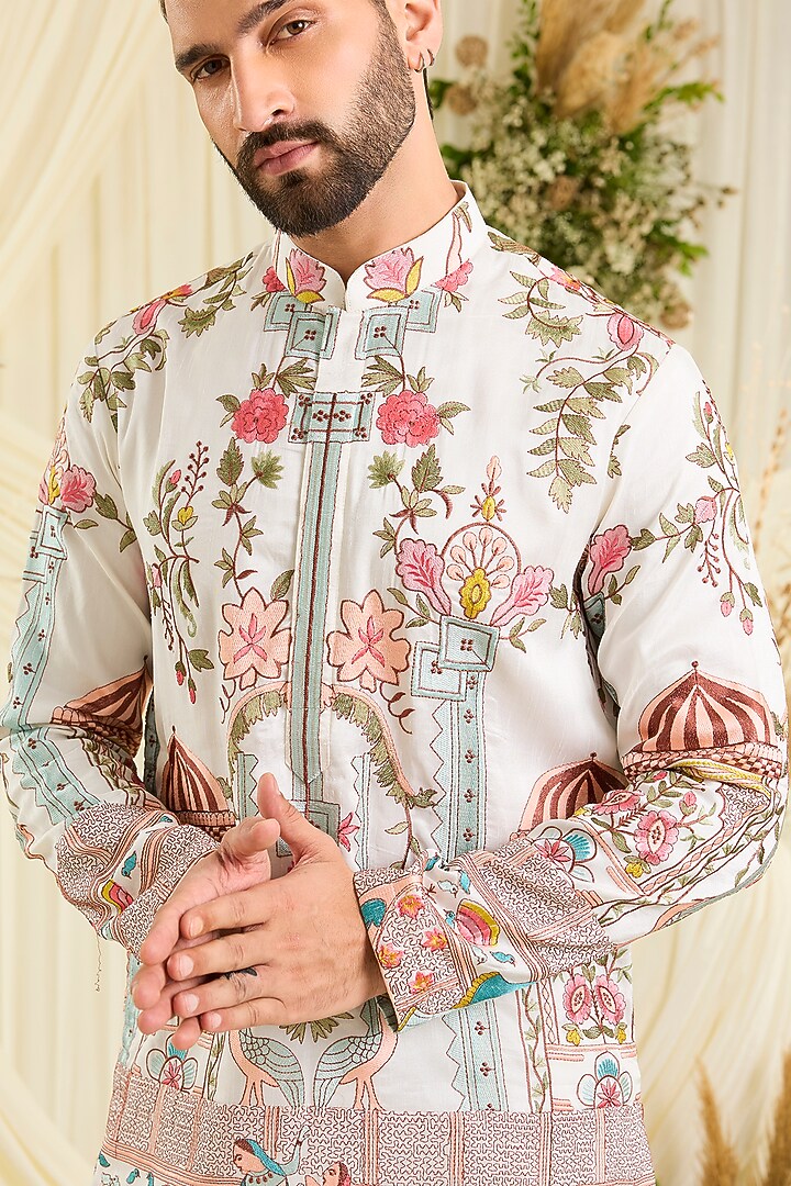 Ivory Silk Floral Kurta by Kasbah Clothing at Pernia's Pop Up Shop