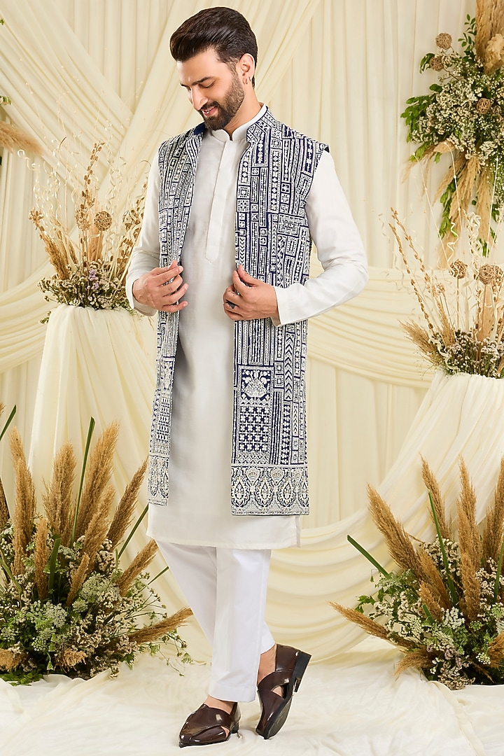 Royal Blue Georgette Hand Embellished Long Open Jacket by Kasbah Clothing at Pernia's Pop Up Shop