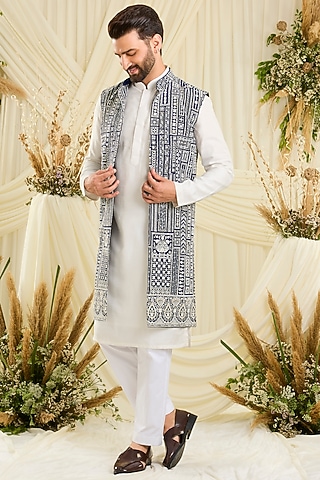 Royal Blue Georgette Hand Embellished Long Open Jacket by Kasbah Clothing