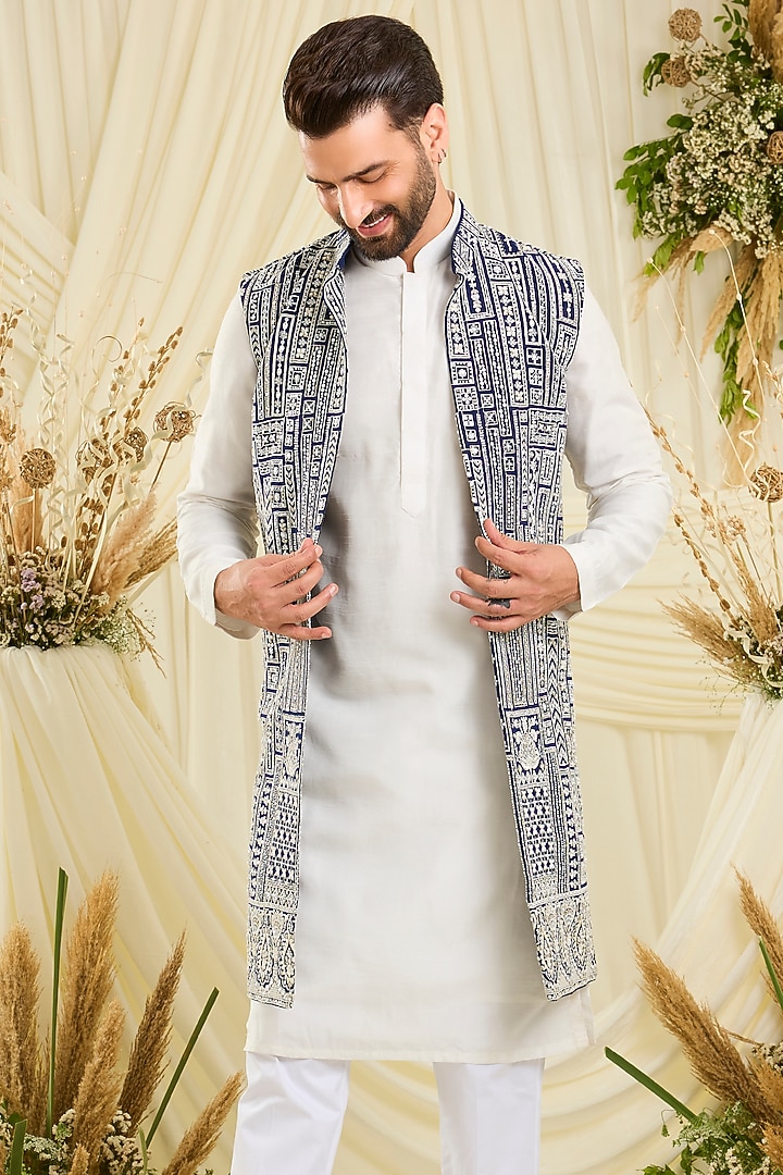 Royal Blue Georgette Hand Embellished Long Open Jacket by Kasbah Clothing at Pernia's Pop Up Shop