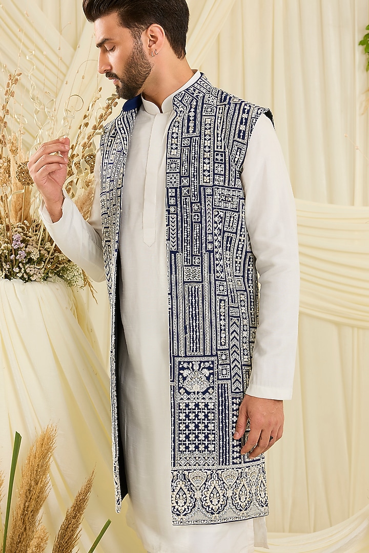 Royal Blue Georgette Hand Embellished Long Open Jacket by Kasbah Clothing at Pernia's Pop Up Shop