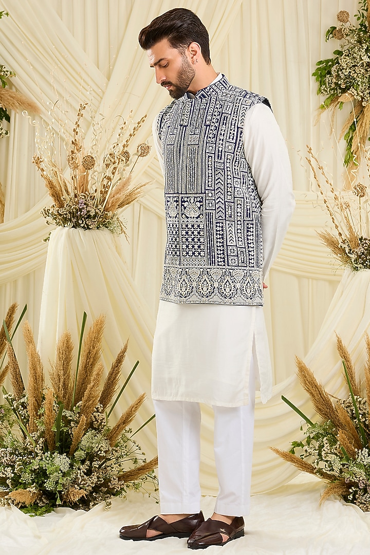 Royal Blue Georgette Hand Embellished Nehru Jacket by Kasbah Clothing at Pernia's Pop Up Shop