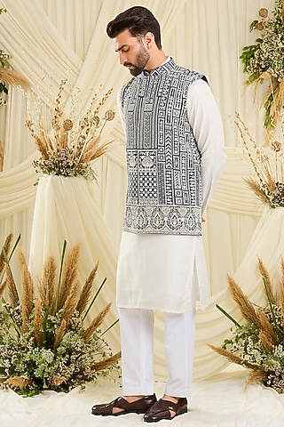 Royal Blue Georgette Hand Embellished Nehru Jacket by Kasbah Clothing