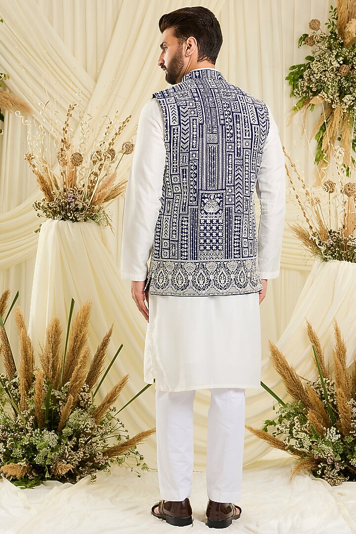 Royal Blue Georgette Hand Embellished Nehru Jacket by Kasbah Clothing at Pernia's Pop Up Shop