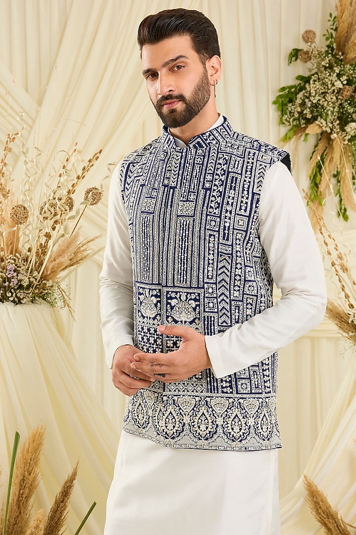 Royal Blue Georgette Hand Embellished Nehru Jacket by Kasbah Clothing at Pernia's Pop Up Shop