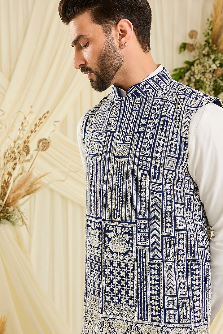 Royal Blue Georgette Hand Embellished Nehru Jacket by Kasbah Clothing at Pernia's Pop Up Shop