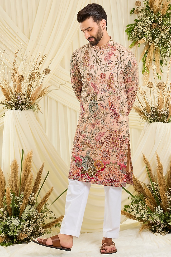 Pastel Peach Crepe Silk Floral Embroidered Kurta by Kasbah Clothing at Pernia's Pop Up Shop