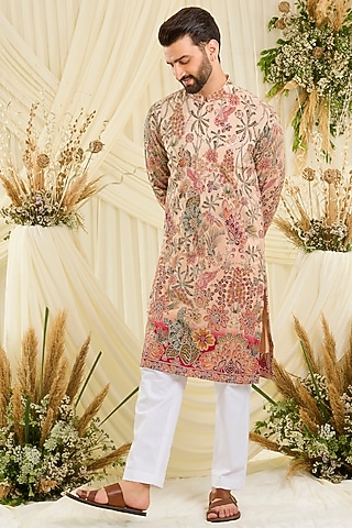 Pastel Peach Crepe Silk Floral Embroidered Kurta by Kasbah Clothing