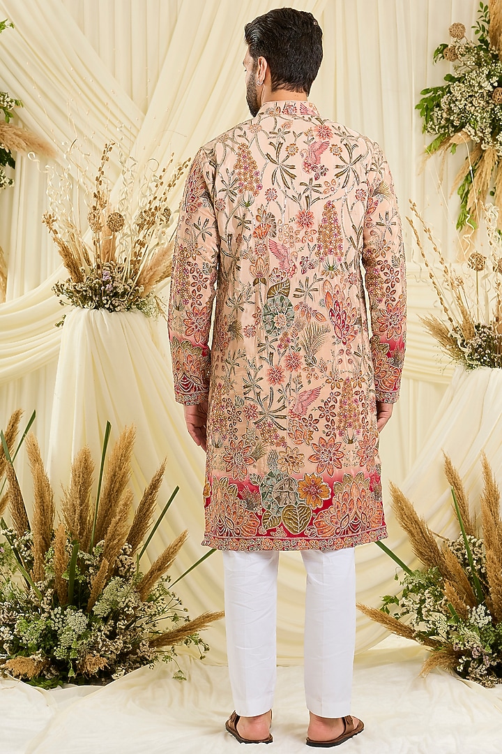 Pastel Peach Crepe Silk Floral Embroidered Kurta by Kasbah Clothing at Pernia's Pop Up Shop