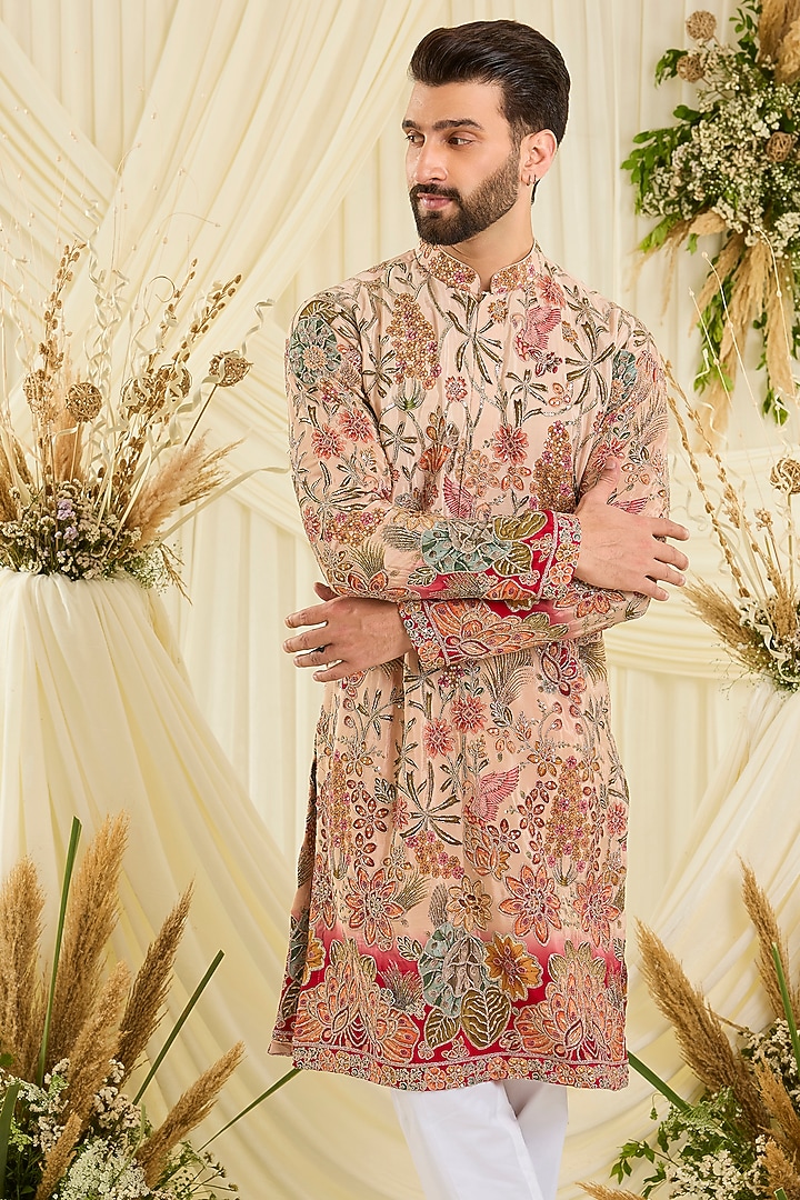 Pastel Peach Crepe Silk Floral Embroidered Kurta by Kasbah Clothing at Pernia's Pop Up Shop