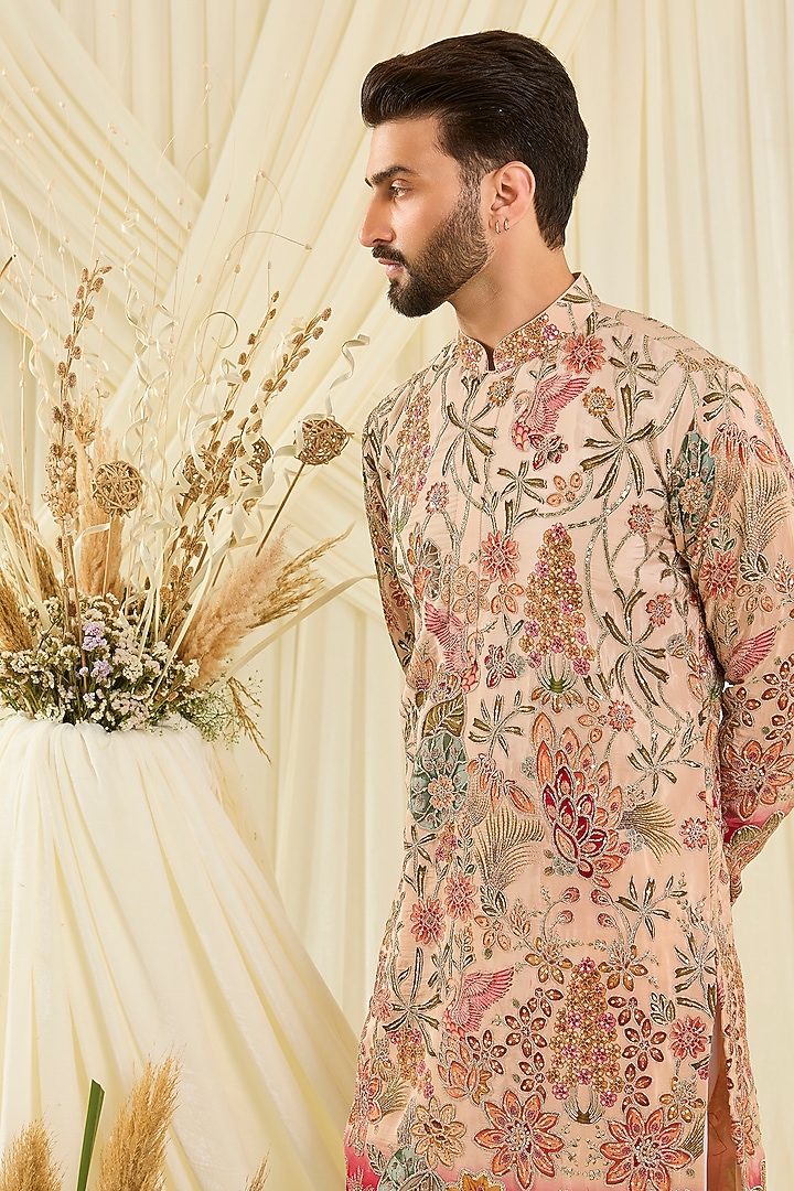 Pastel Peach Crepe Silk Floral Embroidered Kurta by Kasbah Clothing at Pernia's Pop Up Shop