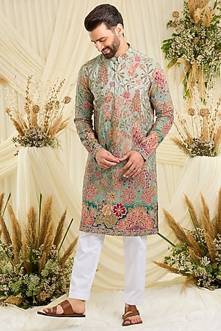 Pastel Aqua Crepe Silk Floral Embroidered Kurta by Kasbah Clothing