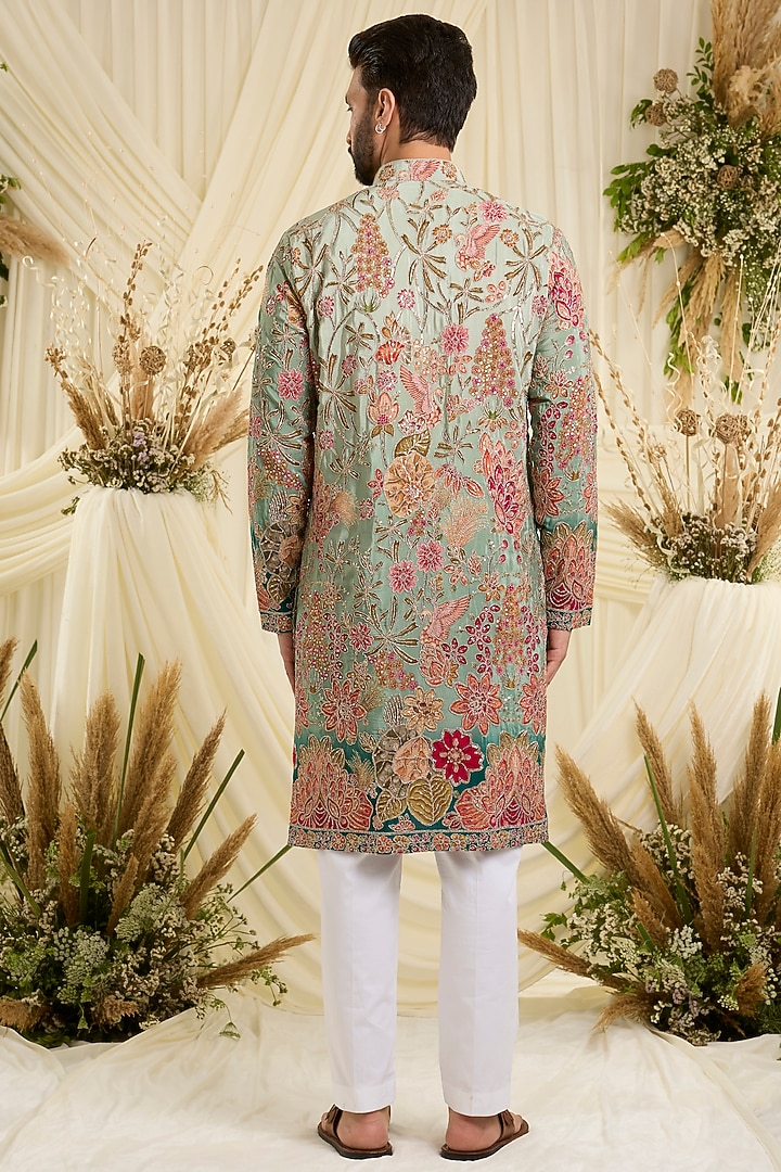 Pastel Aqua Crepe Silk Floral Embroidered Kurta by Kasbah Clothing at Pernia's Pop Up Shop
