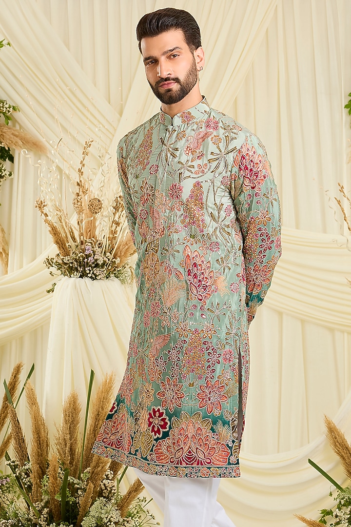 Pastel Aqua Crepe Silk Floral Embroidered Kurta by Kasbah Clothing at Pernia's Pop Up Shop