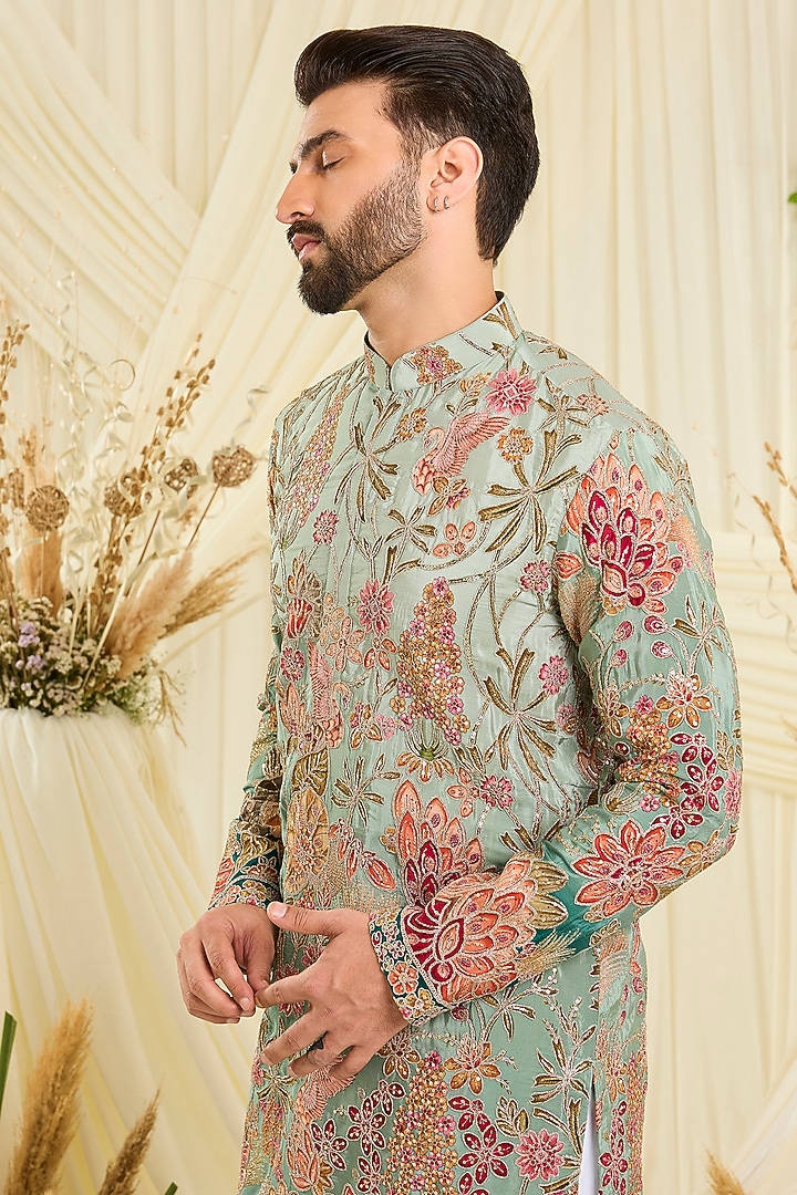 Pastel Aqua Crepe Silk Floral Embroidered Kurta by Kasbah Clothing at Pernia's Pop Up Shop