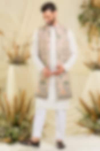 Peach Georgette Embroidered Long Open Jacket by Kasbah Clothing at Pernia's Pop Up Shop