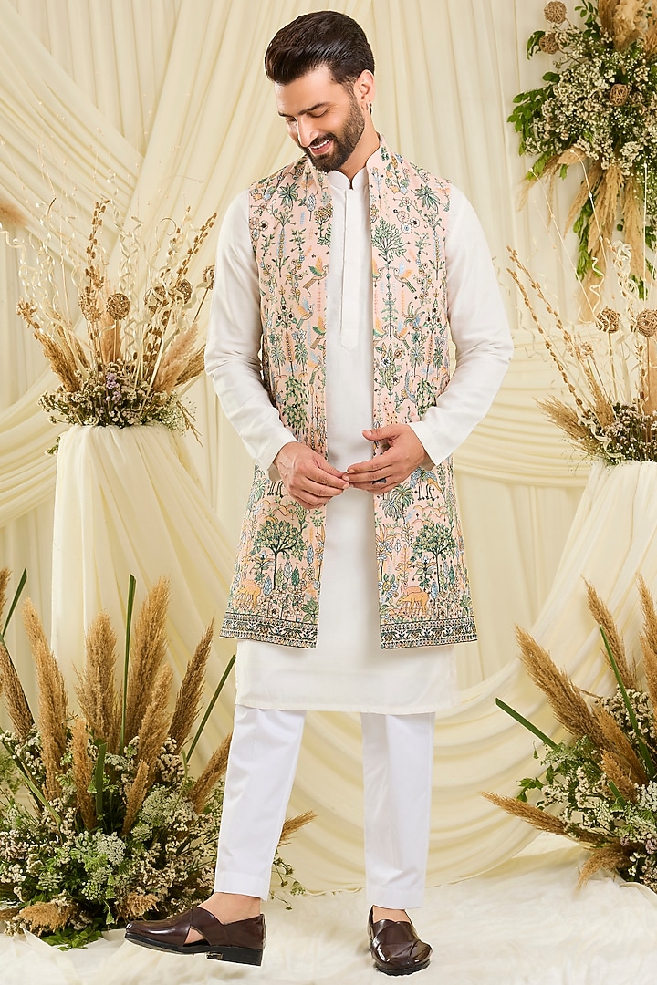 Peach Georgette Embroidered Long Open Jacket by Kasbah Clothing at Pernia's Pop Up Shop