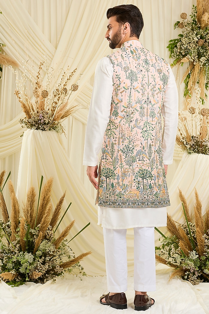 Peach Georgette Embroidered Long Open Jacket by Kasbah Clothing at Pernia's Pop Up Shop
