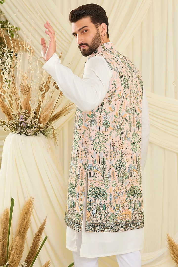 Peach Georgette Embroidered Long Open Jacket by Kasbah Clothing at Pernia's Pop Up Shop