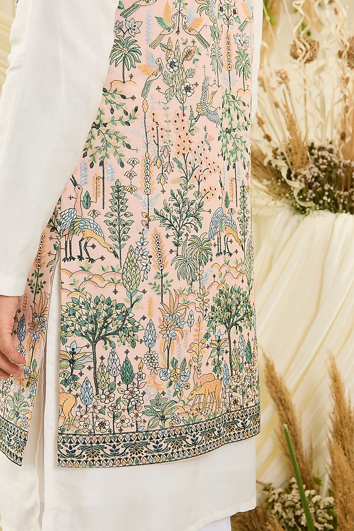 Peach Georgette Embroidered Long Open Jacket by Kasbah Clothing at Pernia's Pop Up Shop