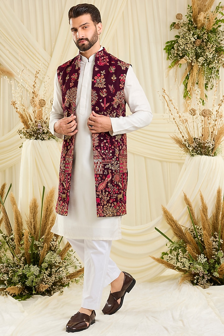 Maroon Georgette Embroidered Long Open Jacket by Kasbah Clothing at Pernia's Pop Up Shop