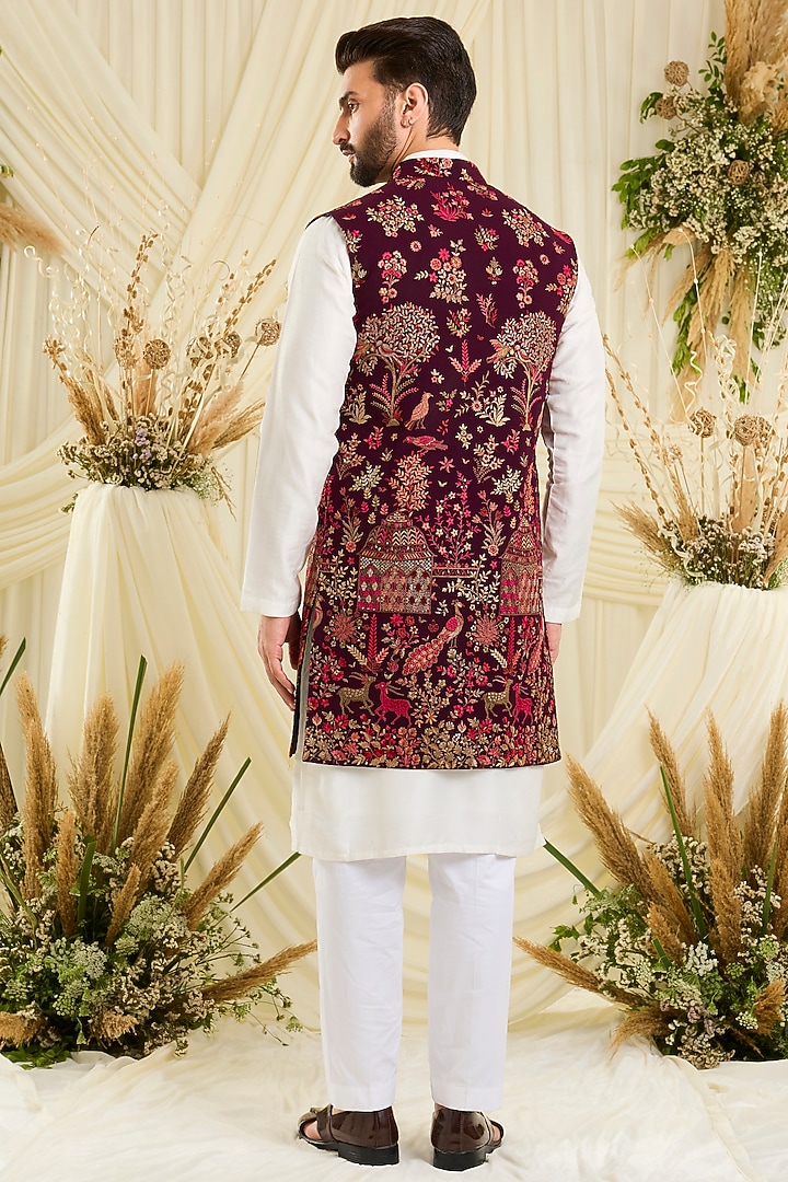 Maroon Georgette Embroidered Long Open Jacket by Kasbah Clothing at Pernia's Pop Up Shop