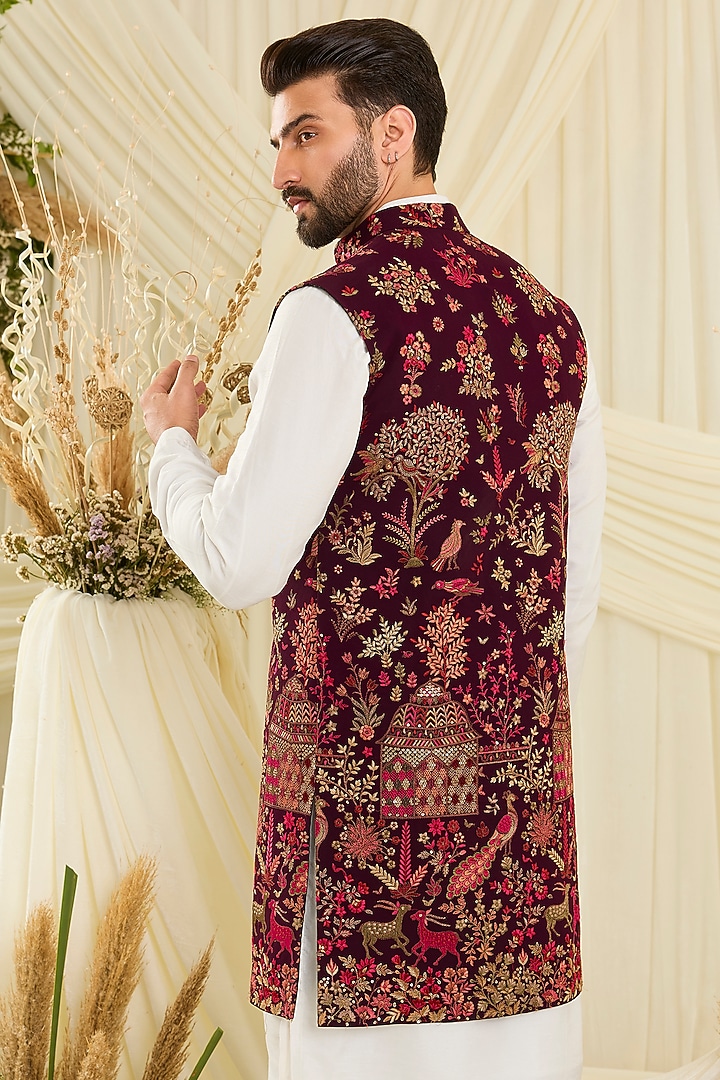 Maroon Georgette Embroidered Long Open Jacket by Kasbah Clothing at Pernia's Pop Up Shop
