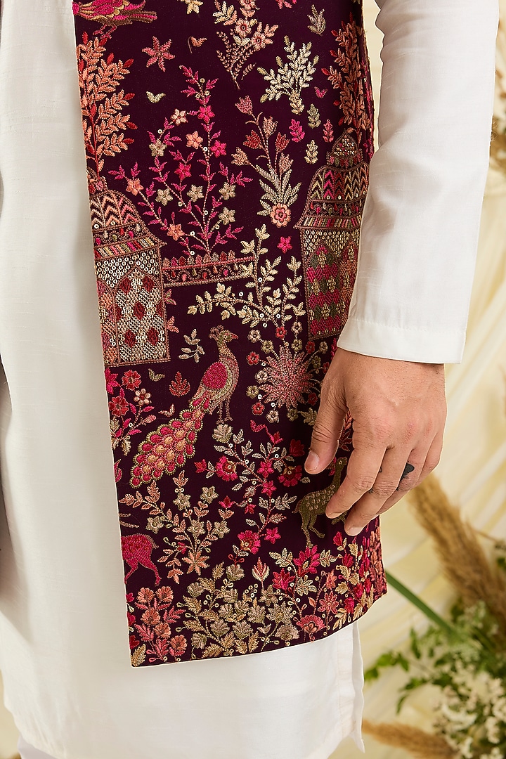 Maroon Georgette Embroidered Long Open Jacket by Kasbah Clothing at Pernia's Pop Up Shop