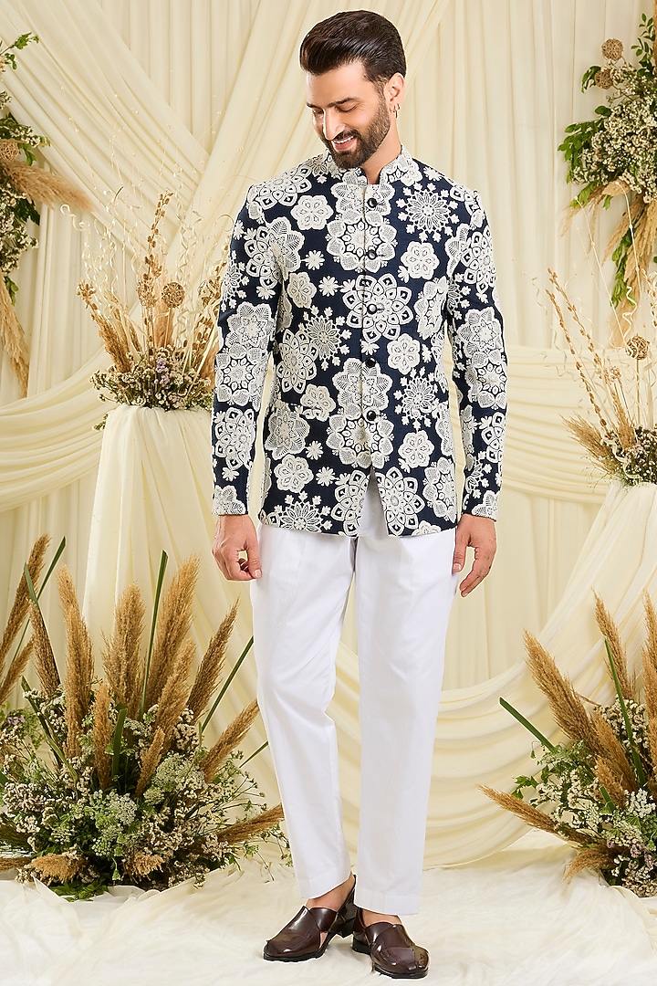 Red Silk Floral Embroidered Wedding Bandhgala by Kasbah Clothing at Pernia's Pop Up Shop