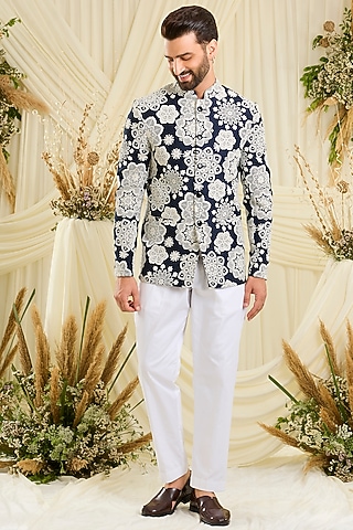 Red Silk Floral Embroidered Bandhgala by Kasbah Clothing