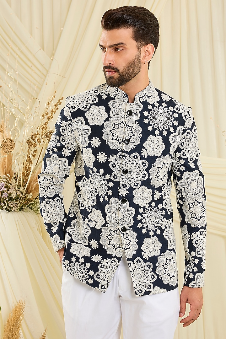 Red Silk Floral Embroidered Wedding Bandhgala by Kasbah Clothing at Pernia's Pop Up Shop