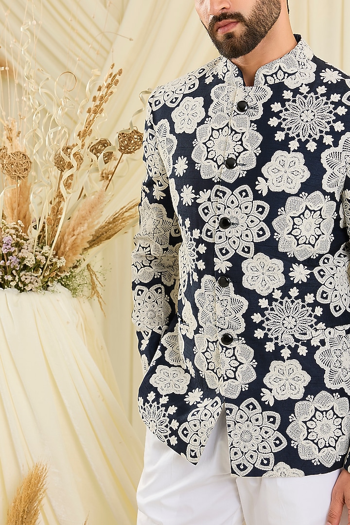 Red Silk Floral Embroidered Wedding Bandhgala by Kasbah Clothing at Pernia's Pop Up Shop
