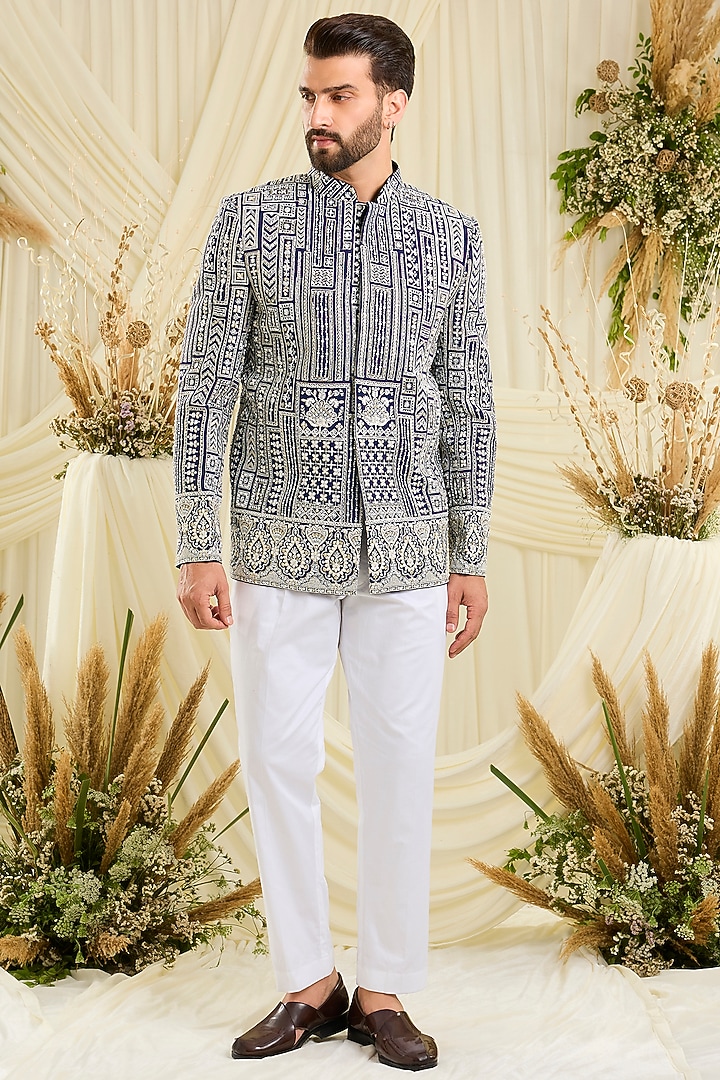 Royal Blue Georgette Hand Embellished Wedding Bandhgala by Kasbah Clothing at Pernia's Pop Up Shop