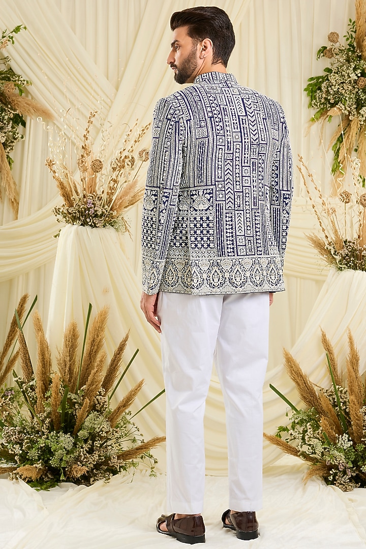 Royal Blue Georgette Hand Embellished Wedding Bandhgala by Kasbah Clothing at Pernia's Pop Up Shop