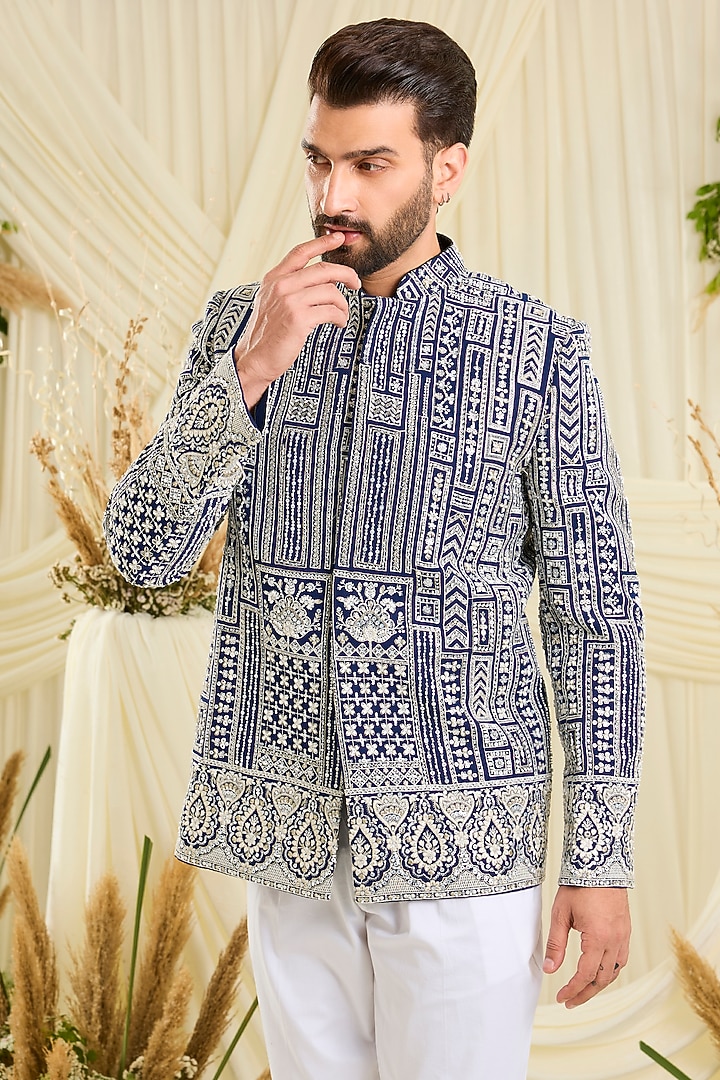 Royal Blue Georgette Hand Embellished Wedding Bandhgala by Kasbah Clothing at Pernia's Pop Up Shop