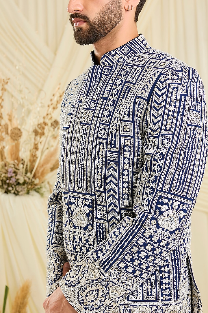 Royal Blue Georgette Hand Embellished Wedding Bandhgala by Kasbah Clothing at Pernia's Pop Up Shop