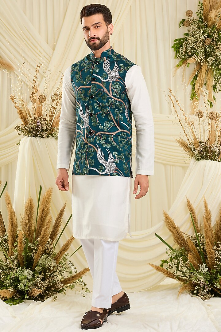Green Silk Motifs Nehru Jacket by Kasbah Clothing at Pernia's Pop Up Shop