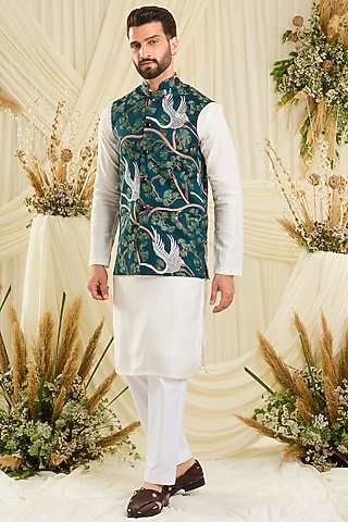 Green Silk Motifs Nehru Jacket by Kasbah Clothing