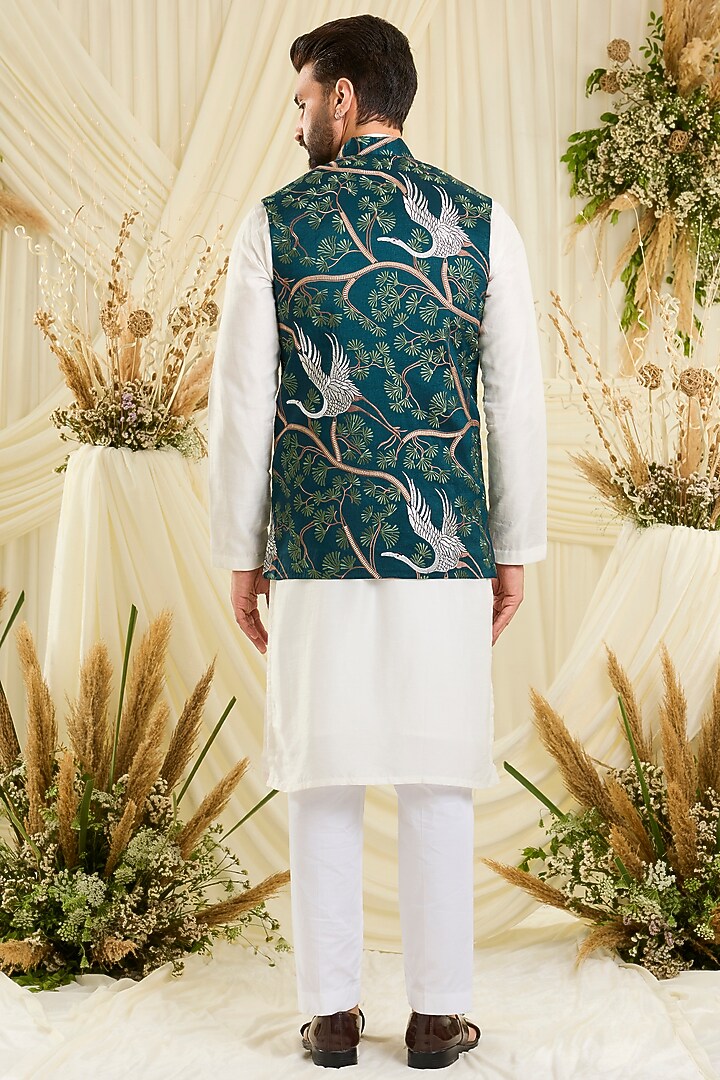 Green Silk Motifs Nehru Jacket by Kasbah Clothing at Pernia's Pop Up Shop