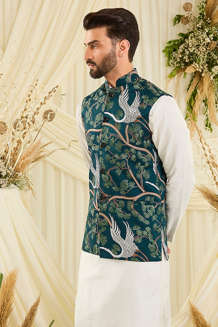 Green Silk Motifs Nehru Jacket by Kasbah Clothing at Pernia's Pop Up Shop
