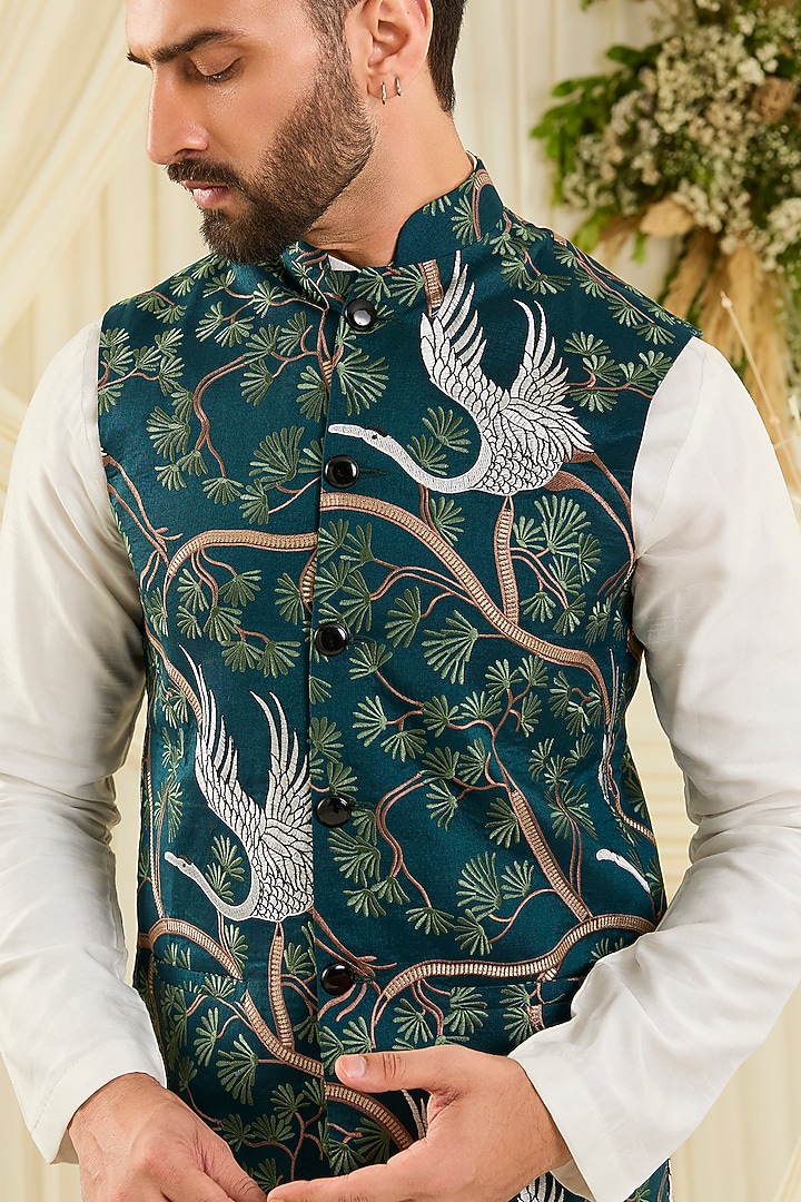 Green Silk Motifs Nehru Jacket by Kasbah Clothing at Pernia's Pop Up Shop