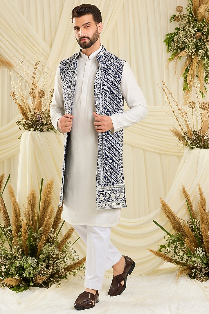Royal Blue Georgette Hand Embellished Long Open Jacket by Kasbah Clothing at Pernia's Pop Up Shop