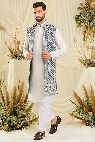 Royal Blue Georgette Hand Embellished Long Open Jacket by Kasbah Clothing
