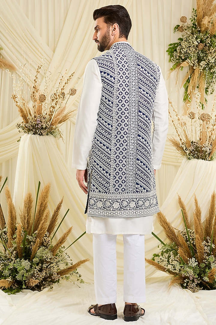 Royal Blue Georgette Hand Embellished Long Open Jacket by Kasbah Clothing at Pernia's Pop Up Shop