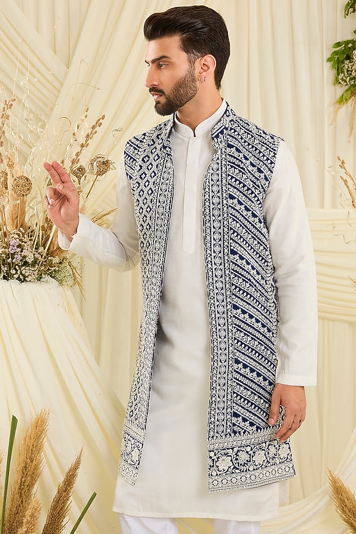 Royal Blue Georgette Hand Embellished Long Open Jacket by Kasbah Clothing at Pernia's Pop Up Shop