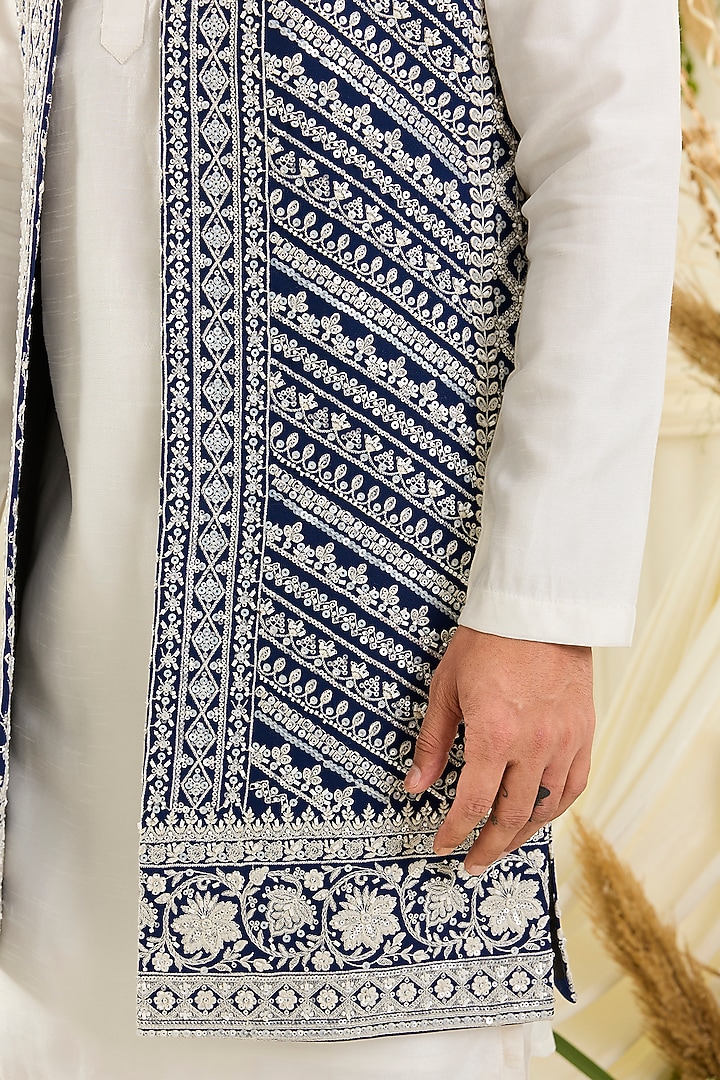 Royal Blue Georgette Hand Embellished Long Open Jacket by Kasbah Clothing at Pernia's Pop Up Shop
