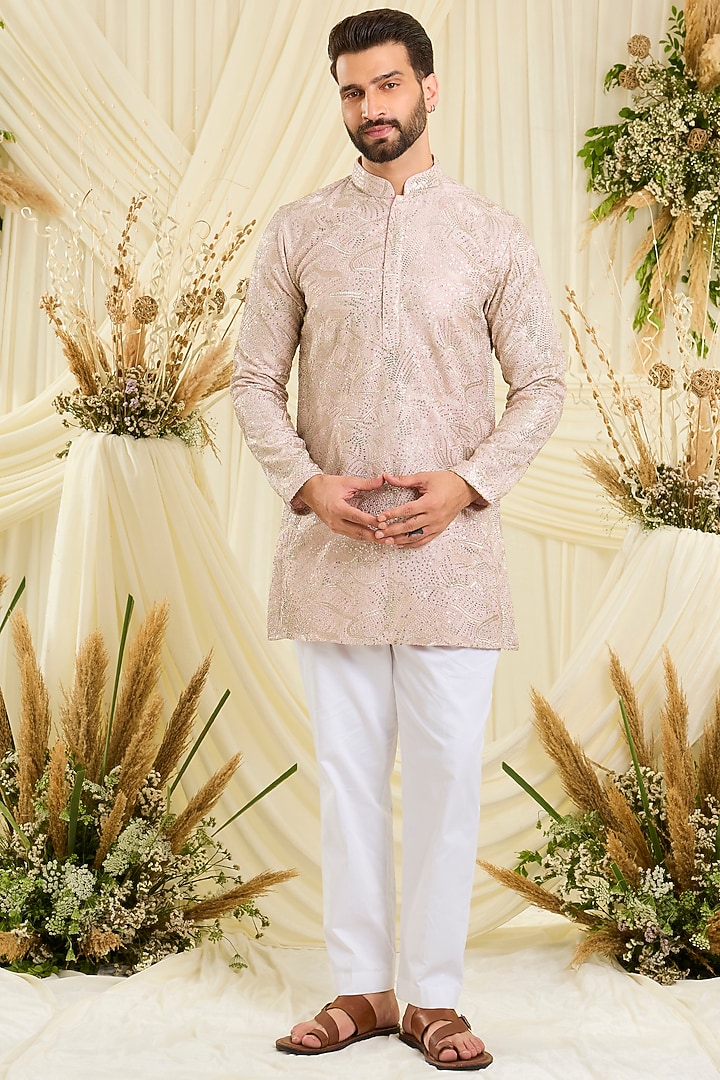 Powder Pink Silk Embellished Short Kurta by Kasbah Clothing at Pernia's Pop Up Shop