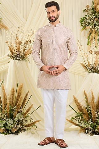 Powder Pink Silk Embellished Short Kurta by Kasbah Clothing
