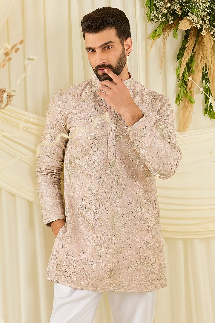 Powder Pink Silk Embellished Short Kurta by Kasbah Clothing at Pernia's Pop Up Shop